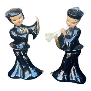 Vintage Ceramic Figurines Set of 2 Asian Dancer and Musician, Kreiss 1955