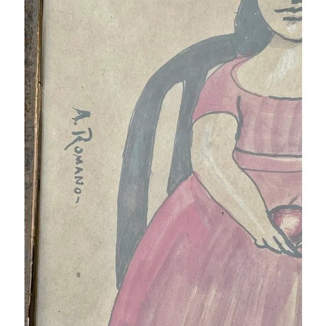 Original Folk Art Watercolor Painting by Antonio Romano Girl With Apple For Sale - Image 4 of 7