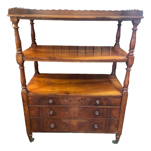 Antique Mahogany English Etegere Dumb Waiter Three Tiered Trolly With Drawers For Sale