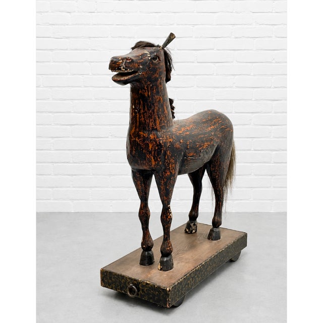 Antique European Hand Carved Wooden Horse Folk Art Sculpture on Wheeled Base For Sale - Image 4 of 16