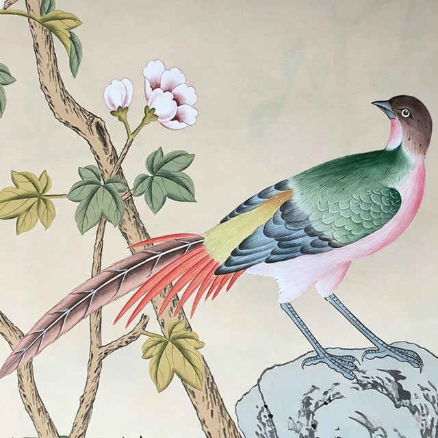 Hand Painted Chinoiserie Wallpaper Mural With Birds and Botanical Branches, Elegant Nature Inspired Wall Art For Sale - Image 4 of 8