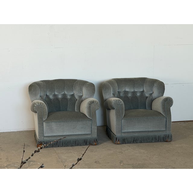 Danish Lounge Chairs in Grey-Blue Velvet in the style of Fritz Hansen, 1940s, Set of 2 For Sale - Image 3 of 12