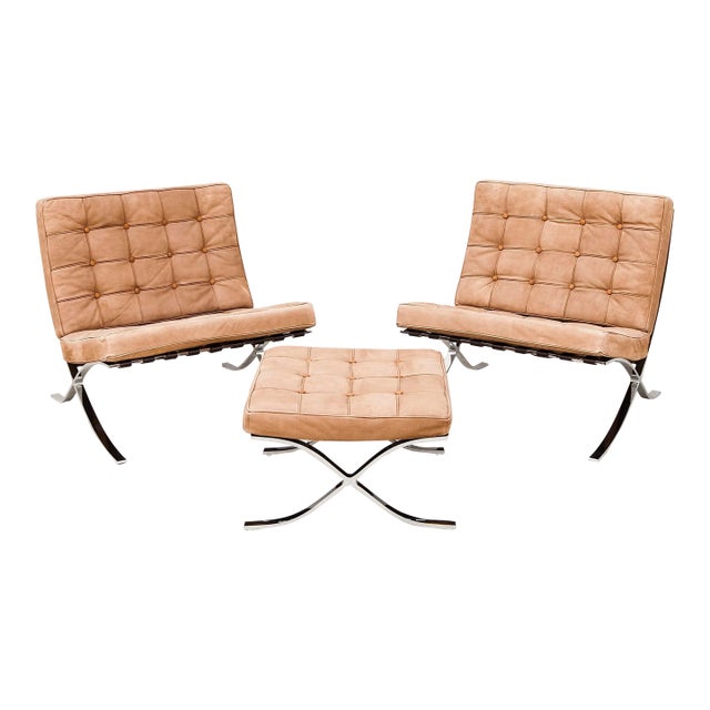 Barcelona Lounge Chairs & Ottoman by Mies Van Der Rohe - 3 Pieces For Sale