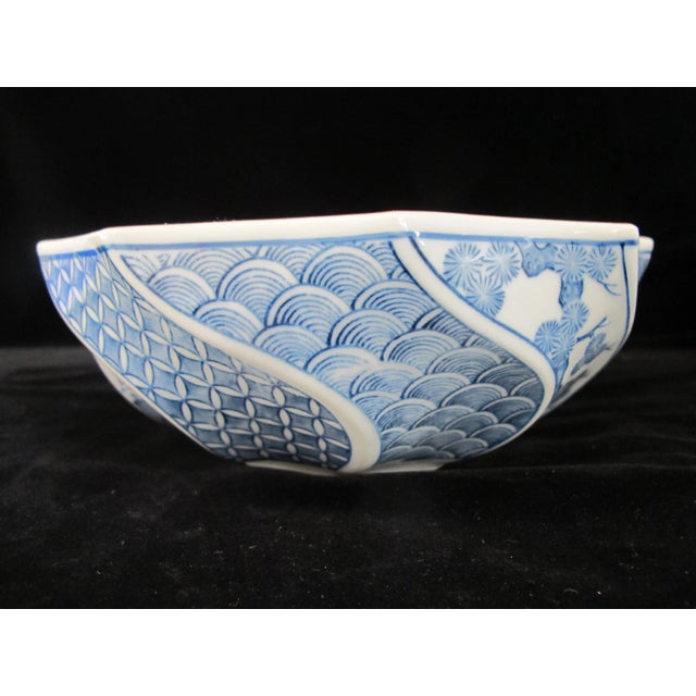 Japanese Blue Porcelain Geometric Village & Landscape Panel Gumps Polygon Bowl For Sale - Image 4 of 7