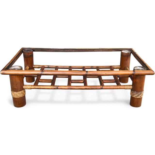 Vintage Bamboo Coffee Table With Glass Top and Rattan Details For Sale In Los Angeles - Image 6 of 10