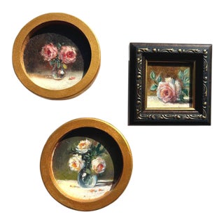 Set of 3 Miniature Rose Oil Paintings Vintage Frames Tiny Floral Wall Art Roses For Sale