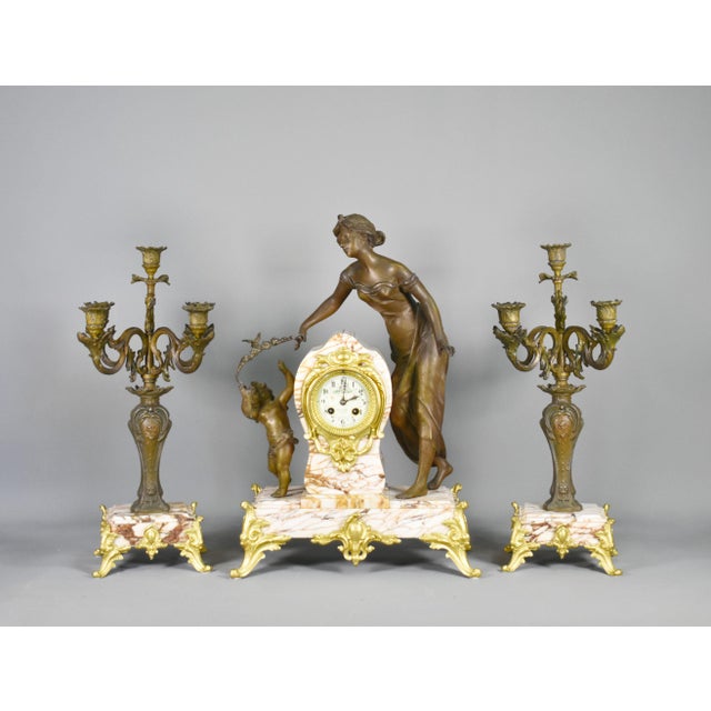 Large French Art Nouveau Mantel Clock and Trim, Set of 3 For Sale - Image 18 of 18
