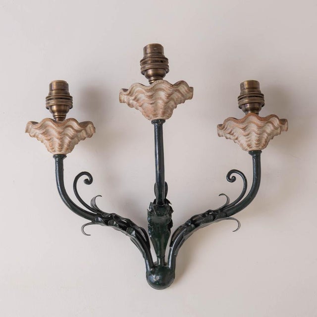 1940s French Floral Painted Iron Sconces - a Pair For Sale - Image 4 of 10