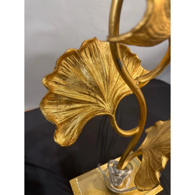 Late 20th Century Pair of Gilt Bronze Ginkgo Leaf Table Lamps With Shades For Sale - Image 12 of 13