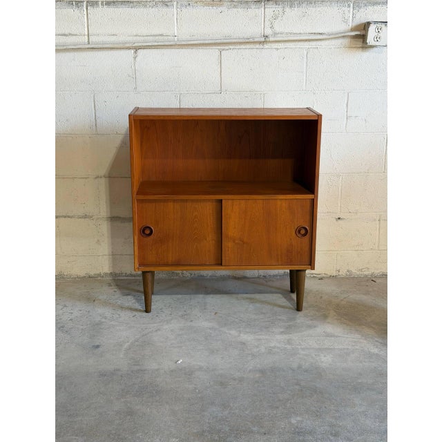 Mid-Century Modern Vintage Danish Modern Teak Bookcase Cabinet Sliding Doors Mid Century Scandinavian Shelf For Sale - Image 3 of 9