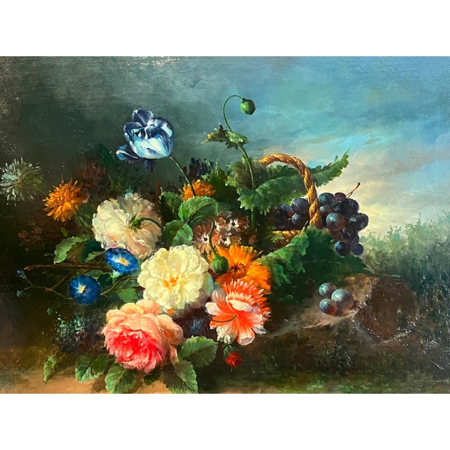 Beautiful decorative oil on canvas still life floral and fruit in basket painting. Great detail and vibrant colors. In...