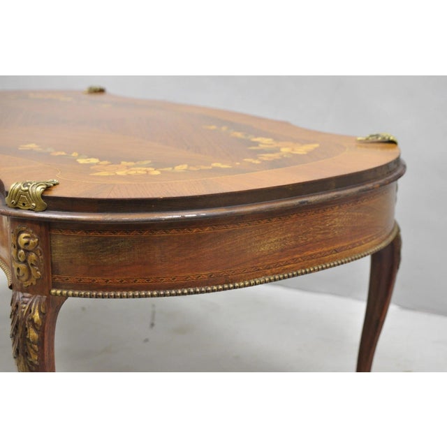 Antique French Louis XV Style Floral Inlay Walnut Coffee Table With Drawer For Sale - Image 11 of 15