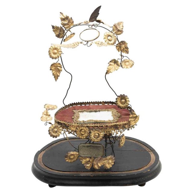 Gold 19th Century French Wedding Globe de Mariée in Gilt Frame and Red Velvet Cushion For Sale - Image 8 of 8