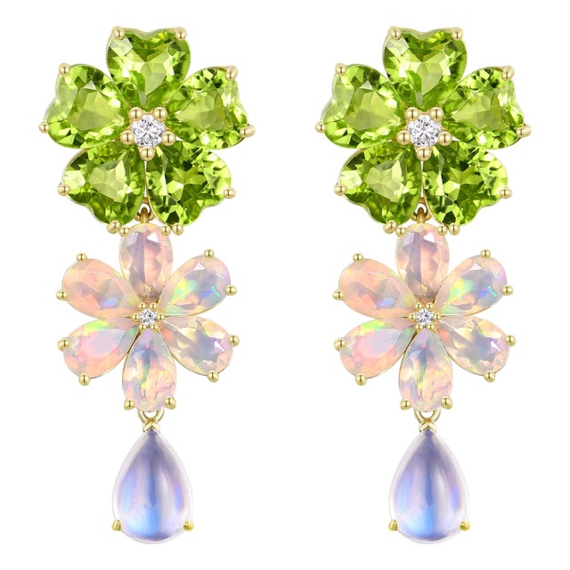 Nina Zhou 8.38ctw Island Blossoms Peridot Opal Diamond Moonstone Convertible Drop Earrings For Sale