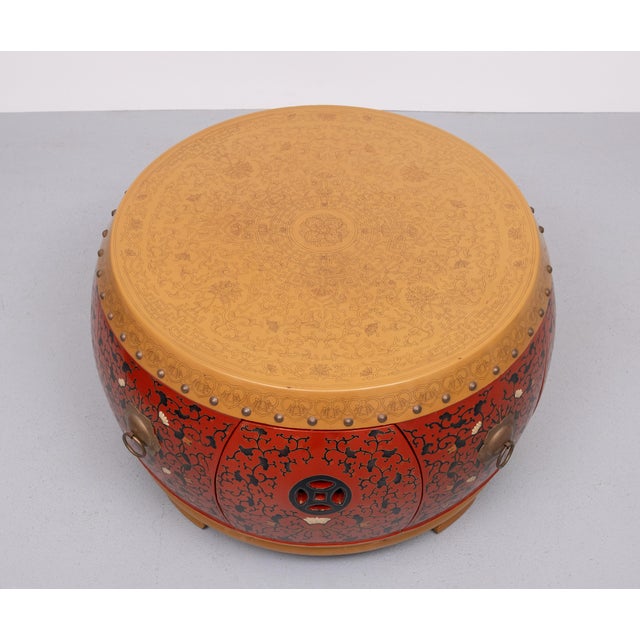 Wood Oriental Drum Table with Small Stools 1960s, Set of 5 For Sale - Image 7 of 18