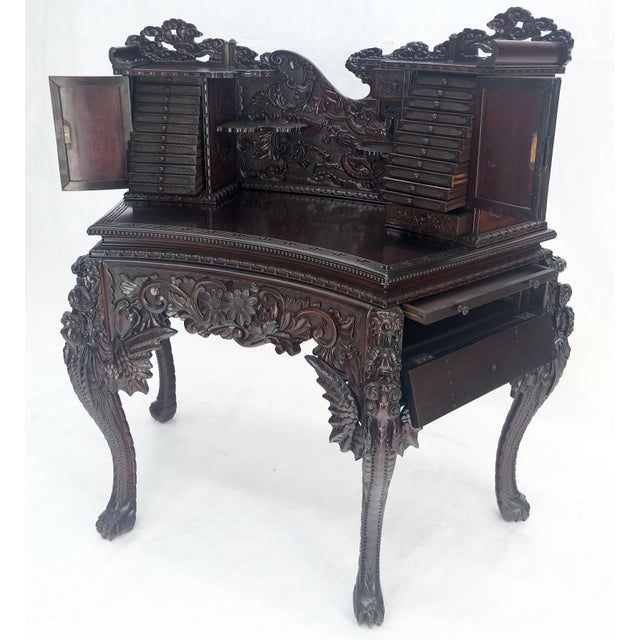 Very Fine Heavily Carved Solid Mahogany Japanese Curved Desk Multiple Drawers & Compartments Clean!