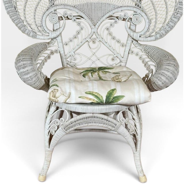 Vintage Boho Chic White Wicker Peacock Fan Back Chairs With Custom Cushions Pair For Sale - Image 9 of 16