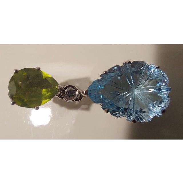 Blue 18k/750 White Gold Earrings with Diamonds and Topaz and Peridot, 1990s, Set of 2 For Sale - Image 8 of 18