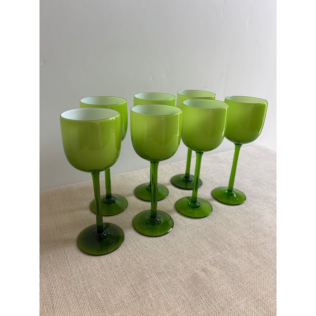 Set of 7, vintage 1970s, Italian chartreuse / lime green and white cased glass, long stemmed Wine Glasses by the famed...