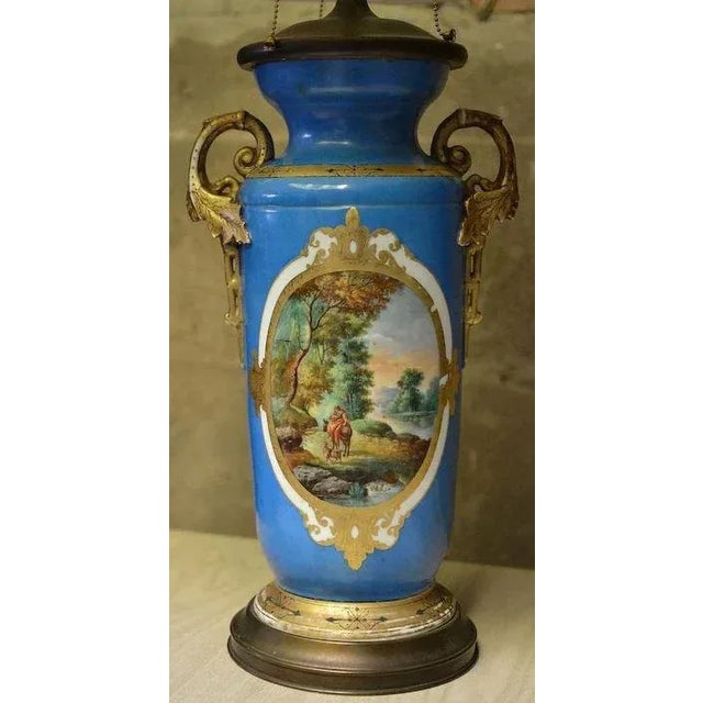French Large Paris Porcelain Hand Painted 3-Light Table Lamp For Sale - Image 3 of 13