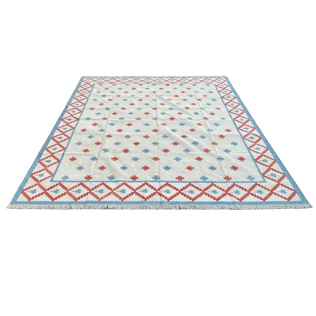 Handmade Cotton Vegetable Dyed Rug, Star Geometric White, Sky Blue and Terracotta Dhurrie - 8'x10' For Sale - Image 9 of 12