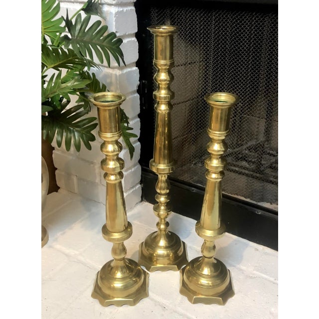 Metal Brass Floor Candle Sticks Fireplace Hearth Candle Holders- Set of 3 For Sale - Image 7 of 9