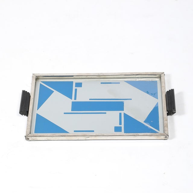 Art Deco Art Deco Reverse Eglomise Blue & White Geometric Motif in Nickel & Bakelite Tray For Sale - Image 3 of 12