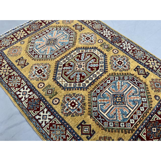 Gold Kazak Wool Rug With Three Medallions, 3'6" X 4'9" For Sale - Image 4 of 16