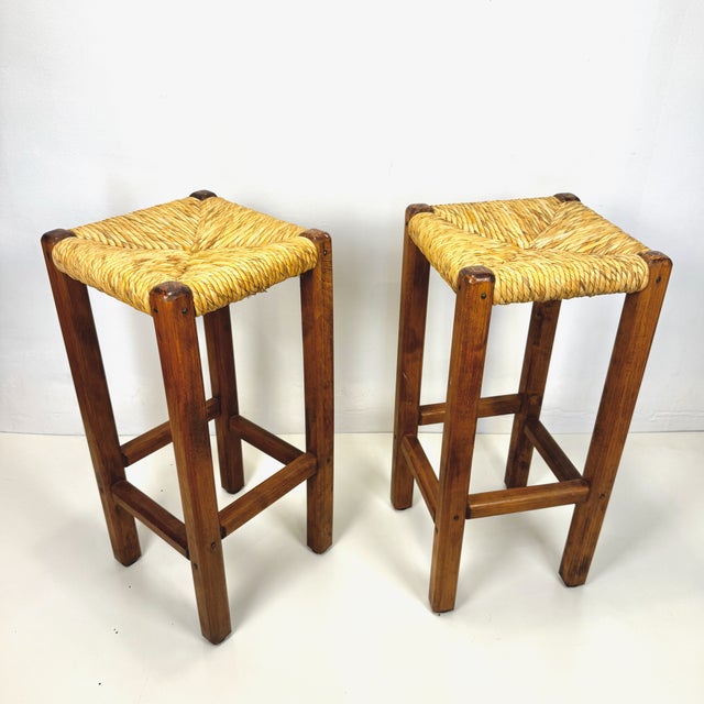 Brown Wood and Straw Bar Stools, Italy, 1980s, Set of 2 For Sale - Image 8 of 8
