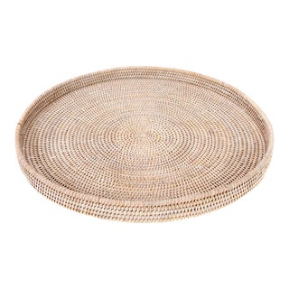 Artifacts Rattan Round Serving / Ottoman Tray in White Wash - 16" For Sale