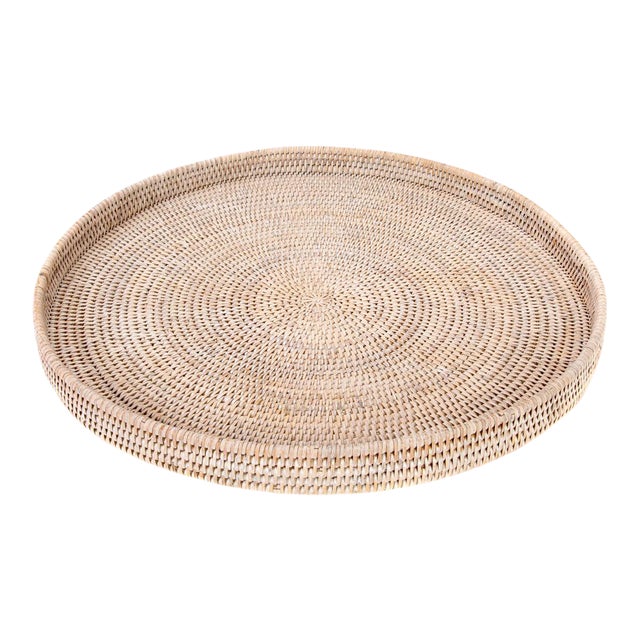 Artifacts Rattan Round Serving / Ottoman Tray in White Wash - 16" For Sale