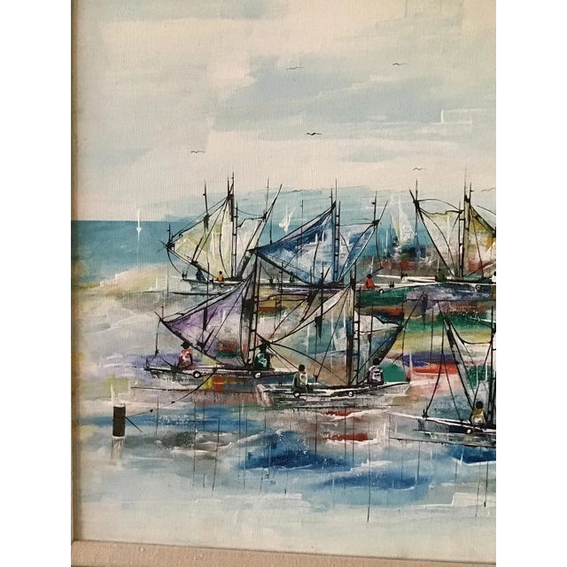 1980s Original Haitian Sailboats Oil Painting by Michel Valestin For Sale - Image 6 of 11