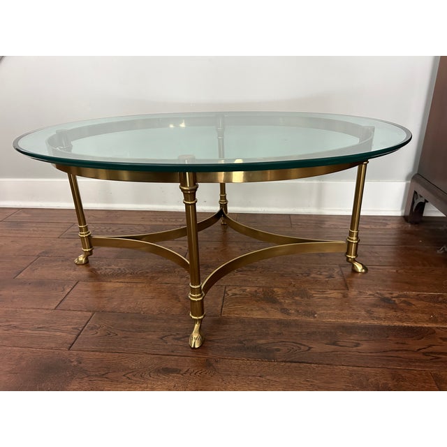 Hollywood Regency Mid Century LaBarge Petite Oval Brass and Glass Coffee Table For Sale - Image 3 of 11