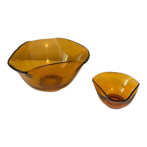 1970s Vintage Amber Glass Chip and Dip Bowl Set