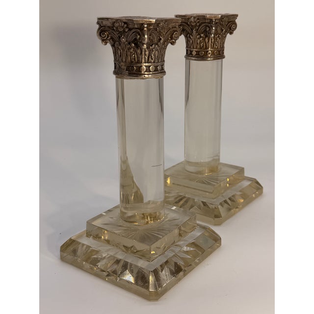 1900 - 1909 Pair of Vintage Crystal and Silver-Plated Column Candlesticks For Sale - Image 5 of 7
