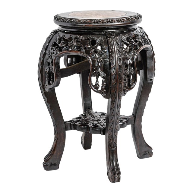 Antique Chinese Hand-Carved Hardwood Jardinière Plant Stand With Inset Marble Top For Sale