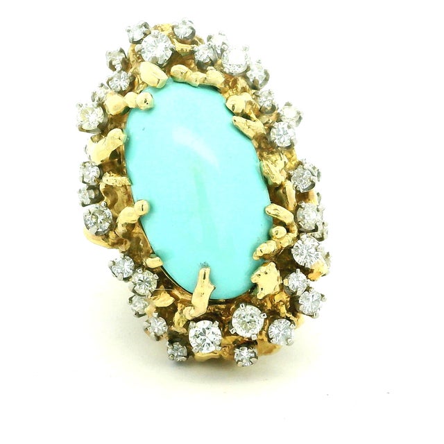 1960s 18k Gold Turquoise and Diamond Freeform Cocktail Ring, Size 7.5 For Sale - Image 11 of 17