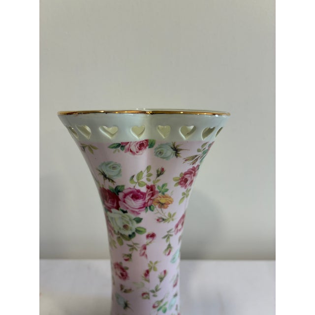 Ceramic Vintage Godinger Antique Reflections Pink Rose Porcelain Vase With Heart Pierced Rim For Sale - Image 7 of 10