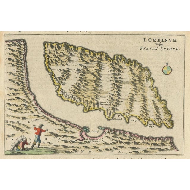 This rare and historically important engraving depicts Staten Eyland (Staten Island) off the coast of Nova Zembla (Novaya...