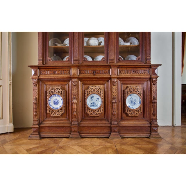 Brown 19th Century Neo-Renaissance Monumental Manor-House Display Cabinet with Integrated Porcelain Plates For Sale - Image 8 of 13