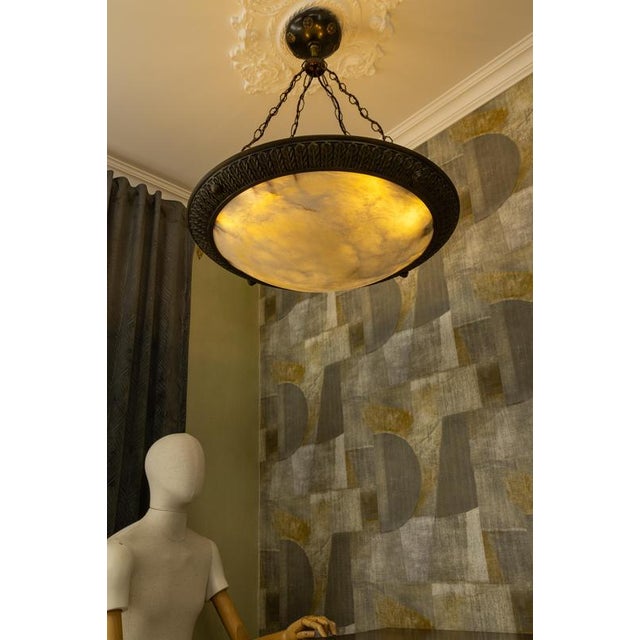 Large Art Deco Eight-Light Alabaster and Bronze Chandelier, 1920s For Sale - Image 6 of 18