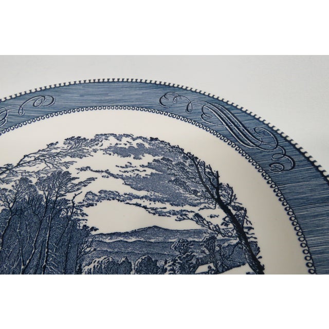 Mid 20th Century Mid-Century Modern Currier and Ives Large Blue Chop Plates Getting Ice Pattern - a Pair For Sale - Image 9 of 10