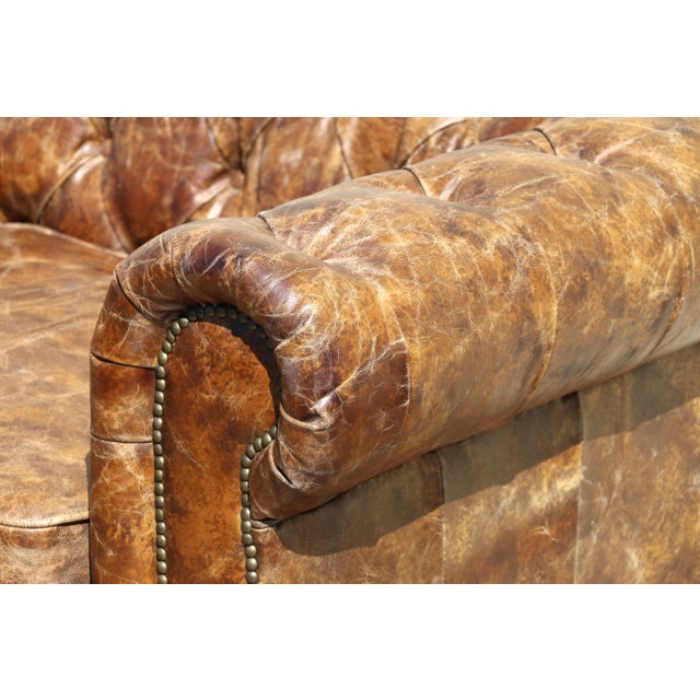 Industrial Distressed Brown Leather Chesterfield Sofa – Three Seat Tufted Sofa With Nailhead Trim & Casters For Sale - Image 4 of 18