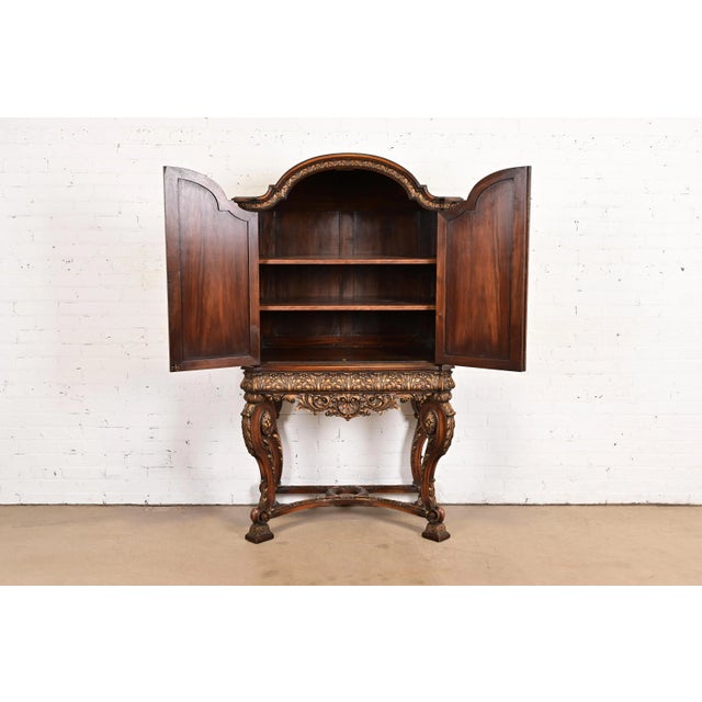 1920s Berkey & Gay Style Antique English Jacobean Carved Walnut Hand Painted Bookcase or Bar Cabinet, Circa 1920s For Sale - Image 5 of 14