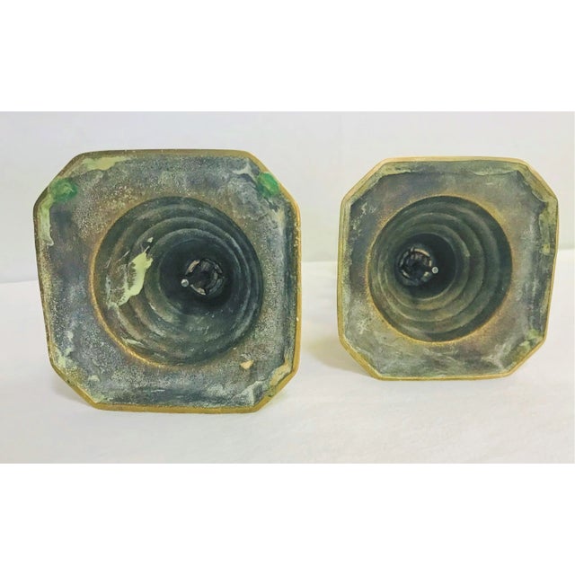 19th Century English Georgian Brass Beehive and Diamond Push-Up Candlesticks- a Pair For Sale - Image 9 of 12