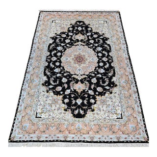 Persian Tabriz Rug, Handwoven Floral Pattern With Silk Highlights, Black & Ivory, 7’ X 10’ For Sale