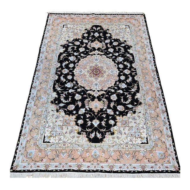 Persian Tabriz Rug, Handwoven Floral Pattern With Silk Highlights, Black & Ivory, 7’ X 10’ For Sale