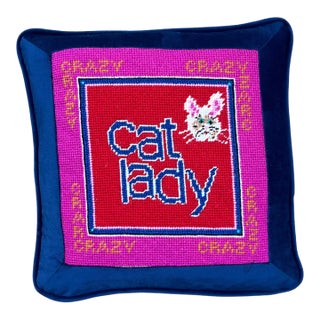 Hand-Embroidered Needlepoint "Cat Lady" Custom Pillow, One of a Kind For Sale