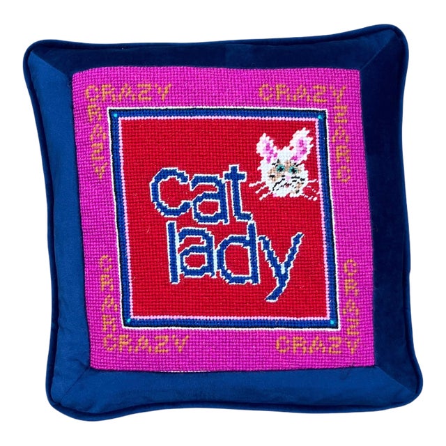 Hand-Embroidered Needlepoint "Cat Lady" Custom Pillow, One of a Kind For Sale