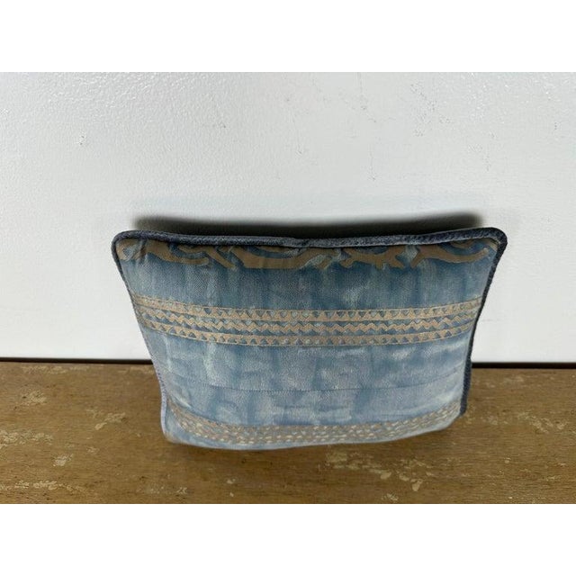 Petite authentic Fortuny border textile pillow crafted from a vintage Fortuny cotton front, featuring a softly faded blue...